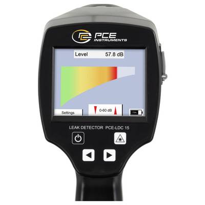 Écran du détecteur de fuite d'un instrument PCE portatif affichant un niveau sonore de 57,8 dB sur un indicateur de barre de couleur, avec la batterie à 73%