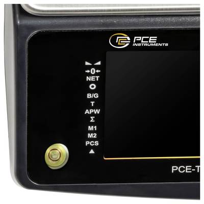 Gros plan d'un écran d'appareil PCE Instruments vide avec des étiquettes de mode : NET, B/G, T, APW, M1, M2, PCS.