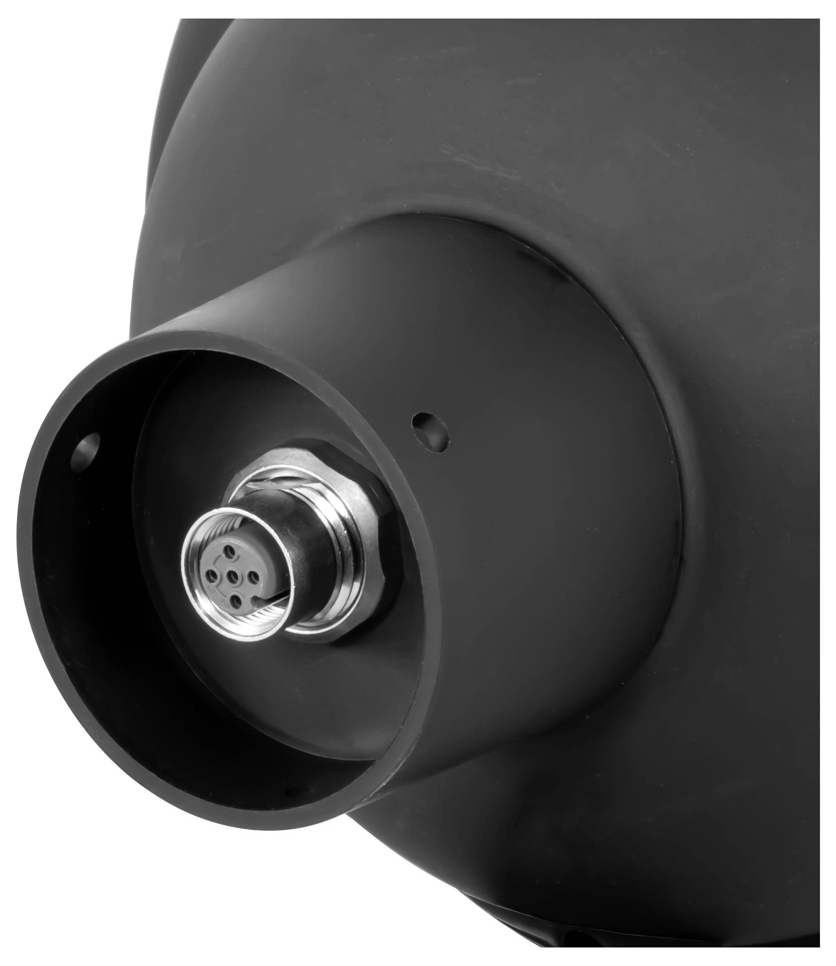 Gros plan d'un dispositif cylindrique noir avec une douille de connecteur multi-broches argentée sur le devant.