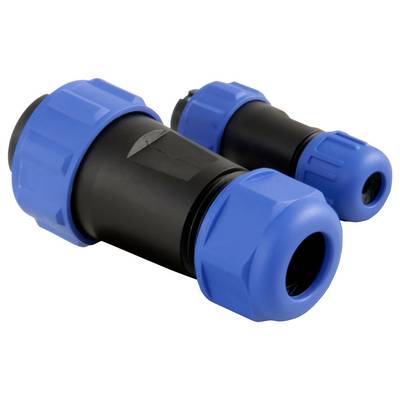 Deux raccords de tuyau en plastique bleu et noir sur un fond blanc, présentés sous un angle.