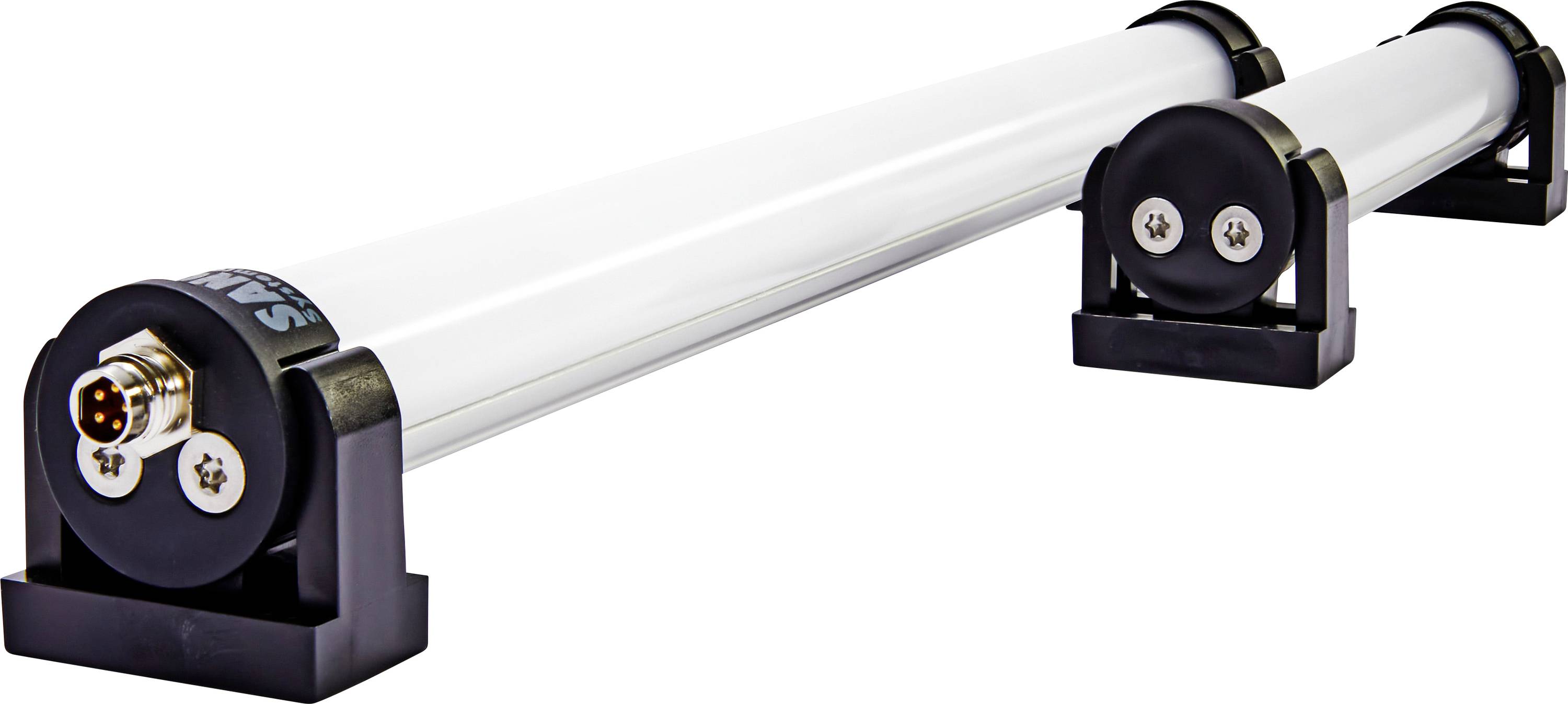 Deux rails lumineux LED blancs côte à côte sur des supports noirs, avec des connexions rondes à leurs extrémités.