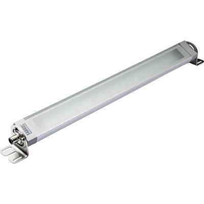 Longue barre lumineuse LED rectangulaire avec supports métalliques à chaque extrémité, adaptée aux applications industrielles ou à l'éclairage de machines.
