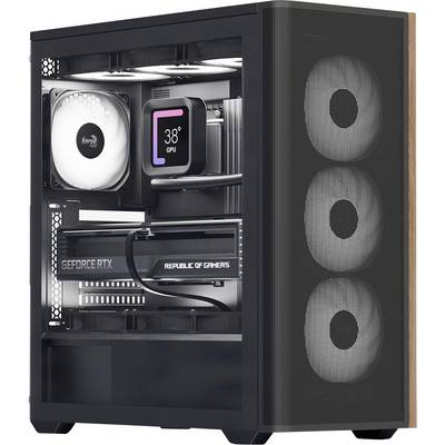 Un PC ouvert avec des ventilateurs rétroéclairés et une carte graphique sur laquelle est inscrit 'GEFORCE RTX'. L'indicateur de température du processeur affiche 38 degrés.