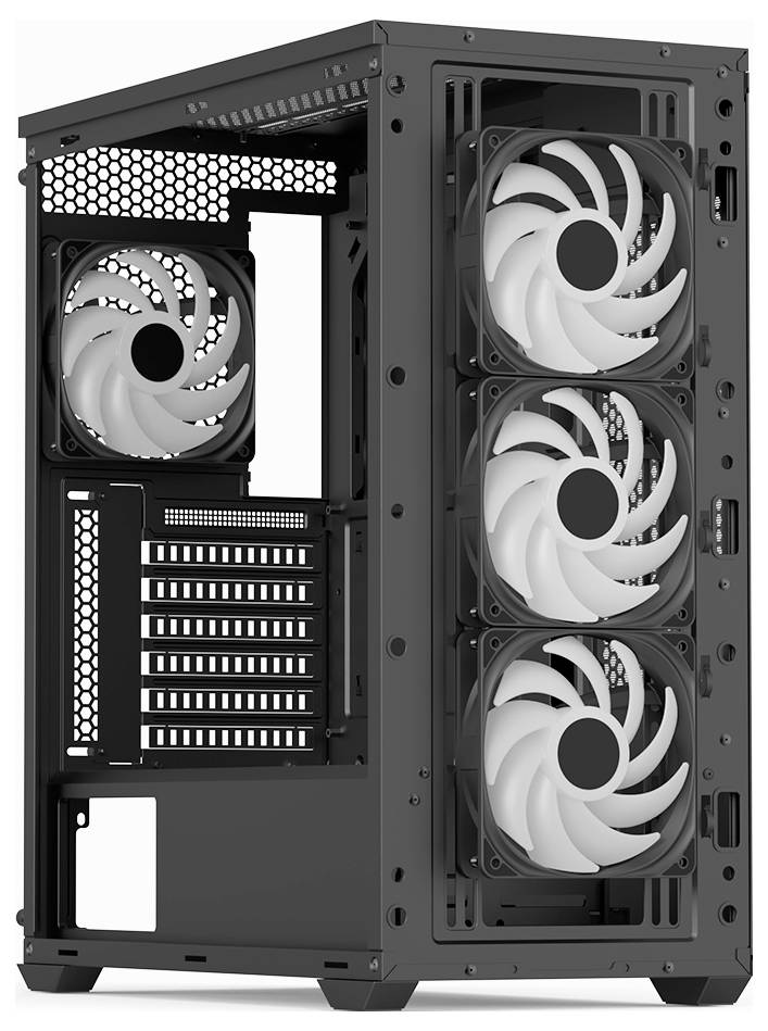 Boîtier d'ordinateur noir avec côtés transparents, équipé de quatre grands ventilateurs blancs pour le refroidissement, adapté aux configurations de gaming.
