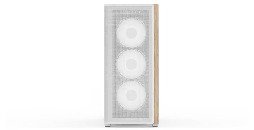 Un appareil électronique blanc avec un panneau latéral en bois, doté d'un panneau avant en maille révélant trois composants circulaires espacés uniformément.