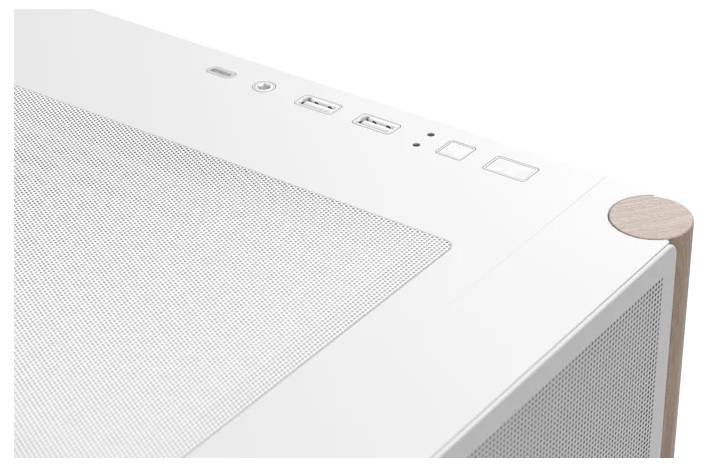 Appareil électronique blanc avec un dessus en maille, doté de ports USB, d'un bouton d'alimentation et d'un coin avec un accent boisé. Design moderne et minimaliste.