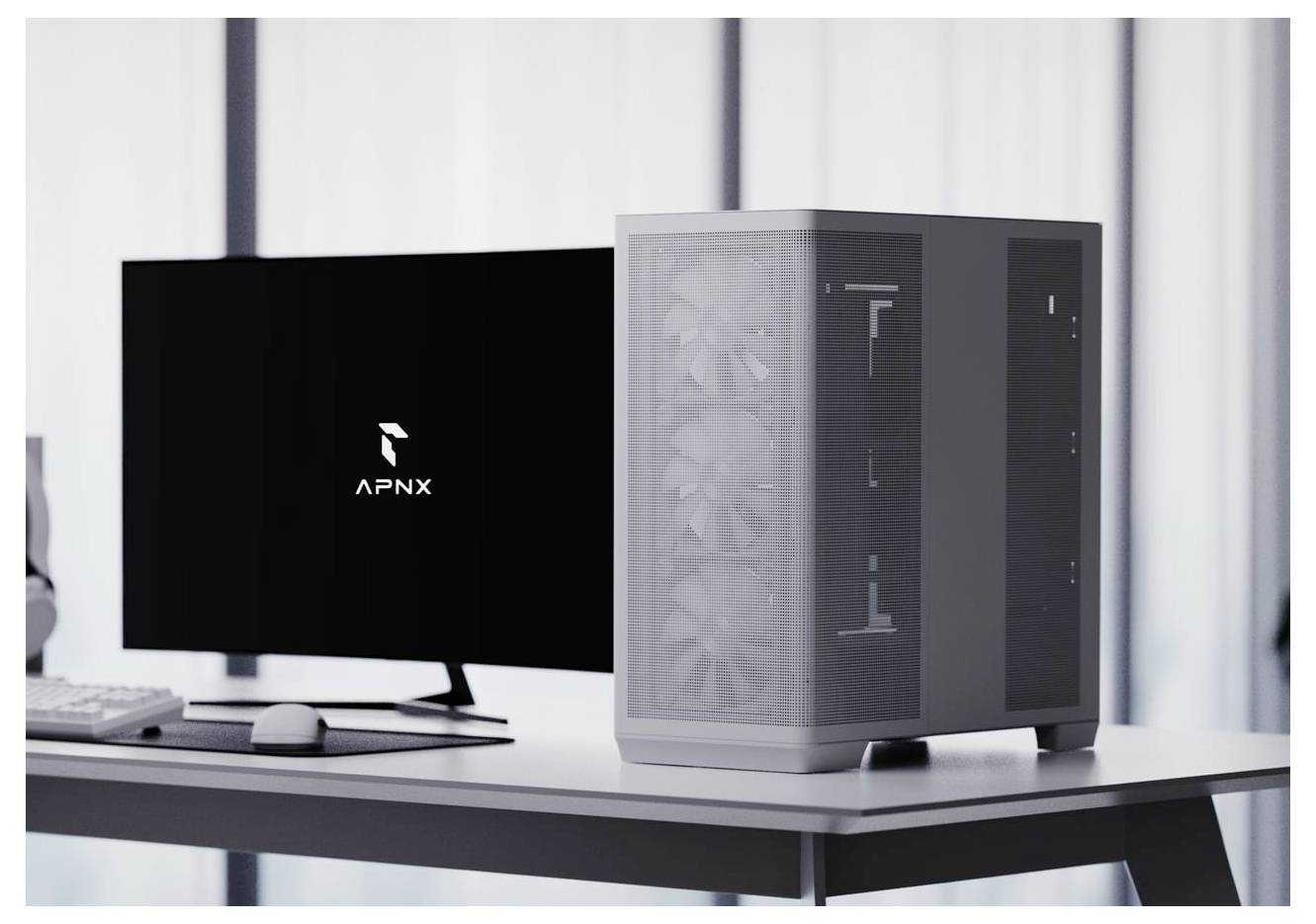 Un poste de travail avec un boîtier d'ordinateur équipé de ventilateurs de refroidissement et un écran affichant le logo 'APNX', installé sur un bureau moderne.