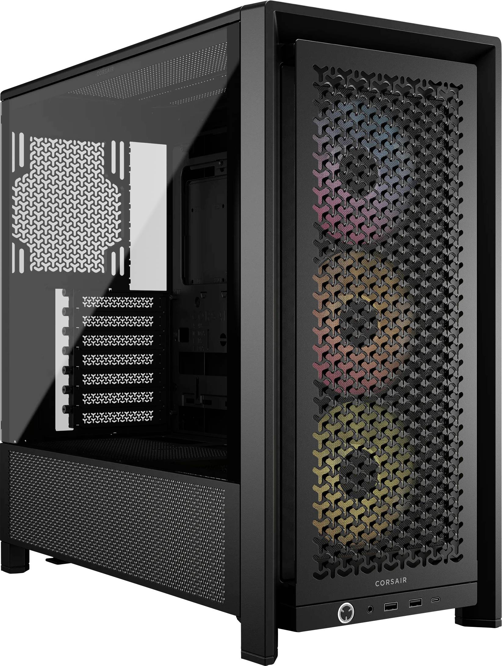 Boîtier d'ordinateur noir avec fenêtre latérale en verre, trois ventilateurs RGB à l'avant, adapté pour montage de PC avec refroidissement liquide.