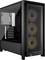 Boîtier d'ordinateur noir avec fenêtre latérale en verre, trois ventilateurs RGB à l'avant, adapté pour montage de PC avec refroidissement liquide.