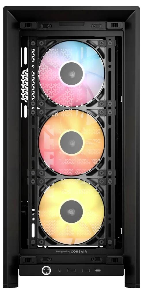 Boîtier d'ordinateur avec trois ventilateurs à LED bleus, rouges et jaunes. Comprend un interrupteur marche/arrêt et plusieurs connexions à l'avant.