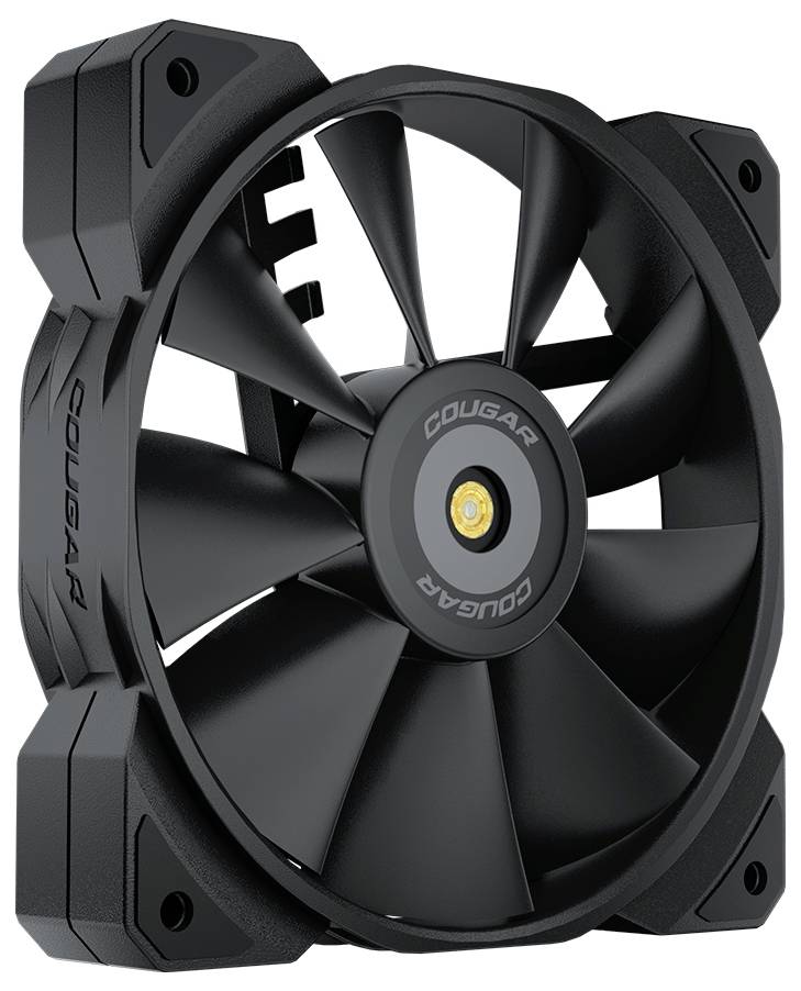 Ventilateur d'ordinateur noir à huit pales avec le nom de marque 'Cougar' sur le côté et au centre.