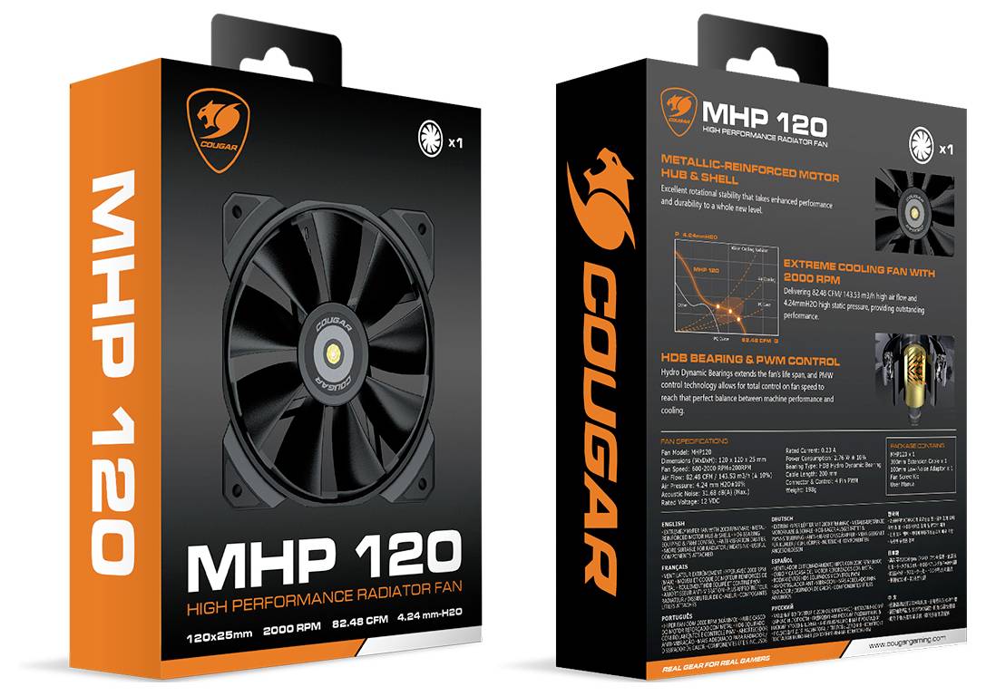 Emballage du ventilateur Cougar MHP 120, montrant les vues avant et latérale. Caractéristiques : débit d'air élevé, 2000 tr/min, roulement hydrodynamique.
