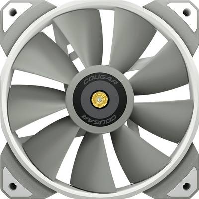 Un ventilateur d'ordinateur gris avec des pales grises et un centre noir sur lequel est inscrit « Cougar ». Le ventilateur est rond et possède huit pales.