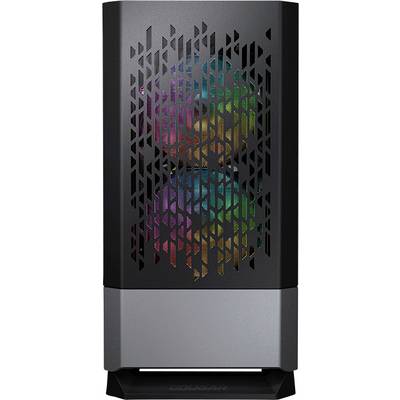 Un boîtier d'ordinateur fermé avec un motif grillagé, à travers lequel des lumières RGB colorées sont visibles.