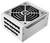 Bloc d'alimentation d'ordinateur en argent avec grille de ventilateur en haut, connexions de câbles modulaires sur le côté et logo Cougar au centre du ventilateur.