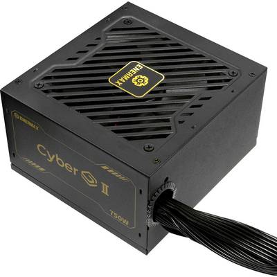 Un bloc d'alimentation Enermax Cyber II de 750 W de couleur noire, doté d'un dessus ventilé et de plusieurs câbles noirs, conçu pour les systèmes informatiques.