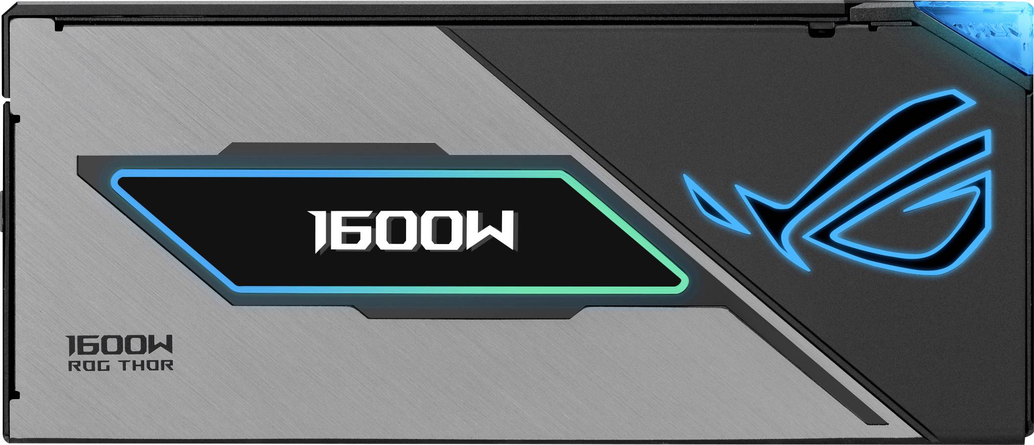 Design d'une alimentation avec l'inscription '1600W', illuminée en bleu et vert. Le logo ROG brille à droite, avec des tons de gris mat et de noir.
