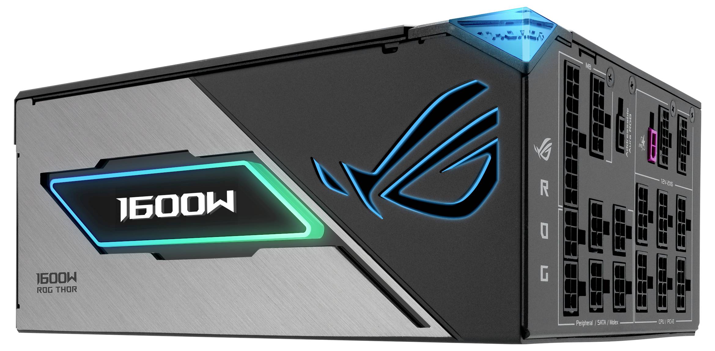 Un bloc d'alimentation noir pour ordinateur avec un logo bleu lumineux et l'inscription « 1600W ». Modèle : ROG Thor 1600W. Plusieurs connecteurs sont visibles.