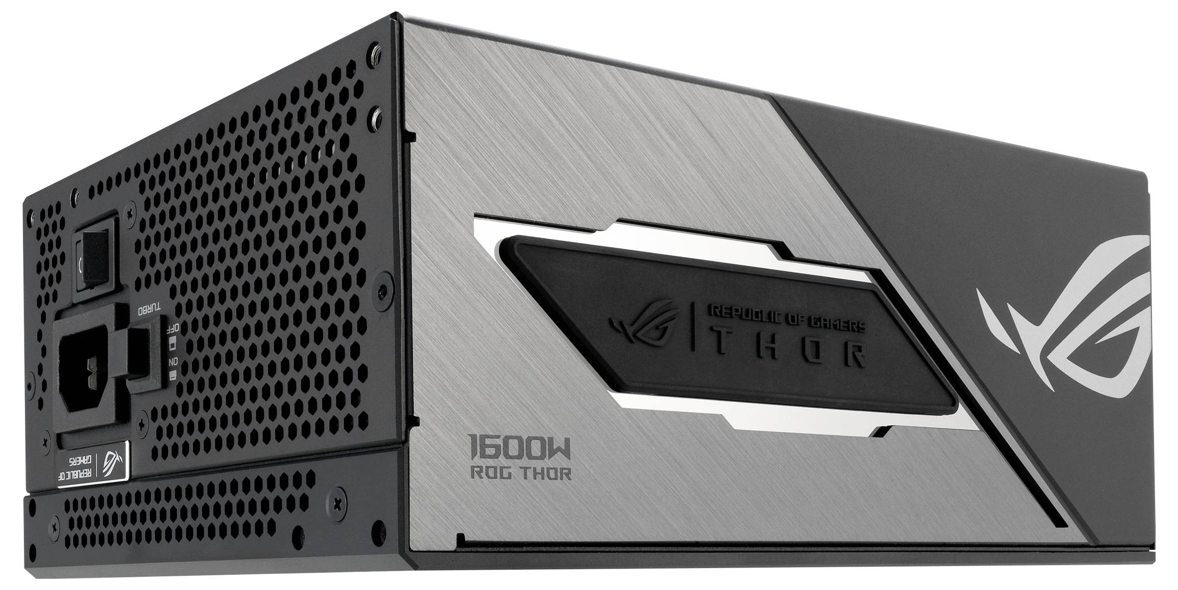Bloc d'alimentation 'Asus ROG Thor 1600W', noir avec des accents argentés et des fentes de ventilation. Adapté aux PC de gaming haute performance.