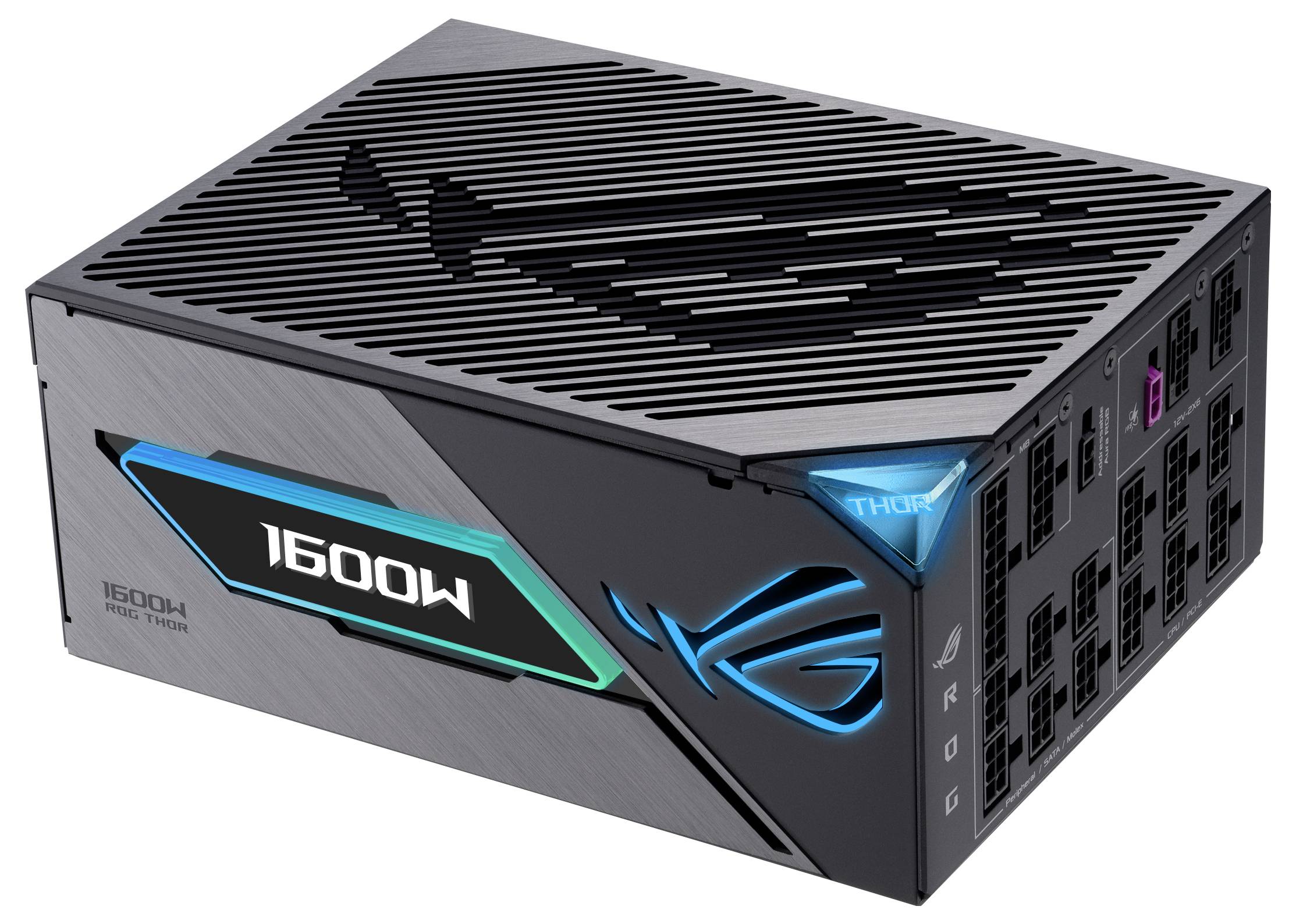 Carte graphique ASUS Thor 1600W, noir métallisé avec éclairage bleu et vert.