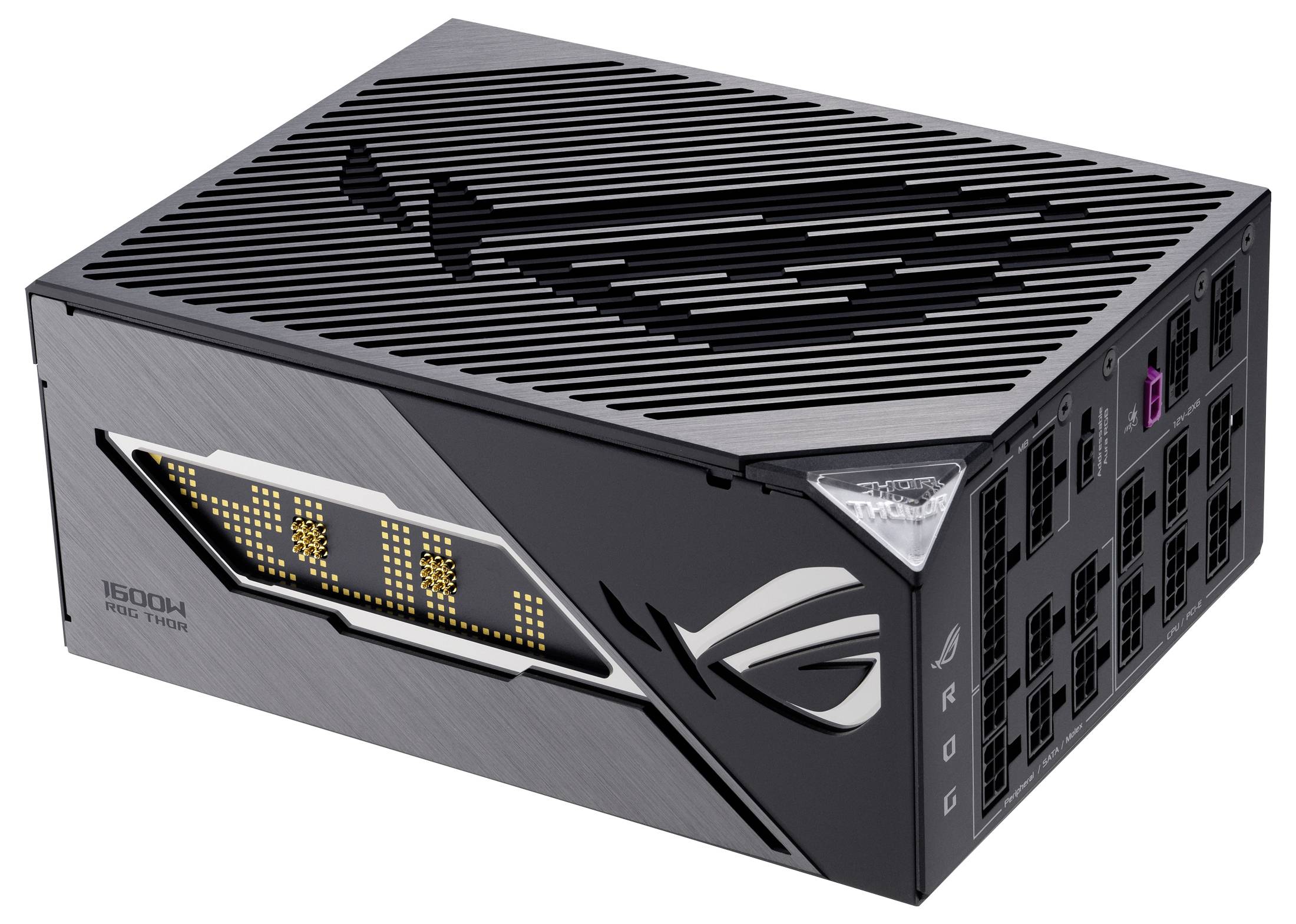 Bloc d'alimentation pour PC avec éléments de boîtier noirs et fentes de ventilation. Indicateur LED sur le côté affichant '1600W'. Plusieurs ports de connexion visibles.