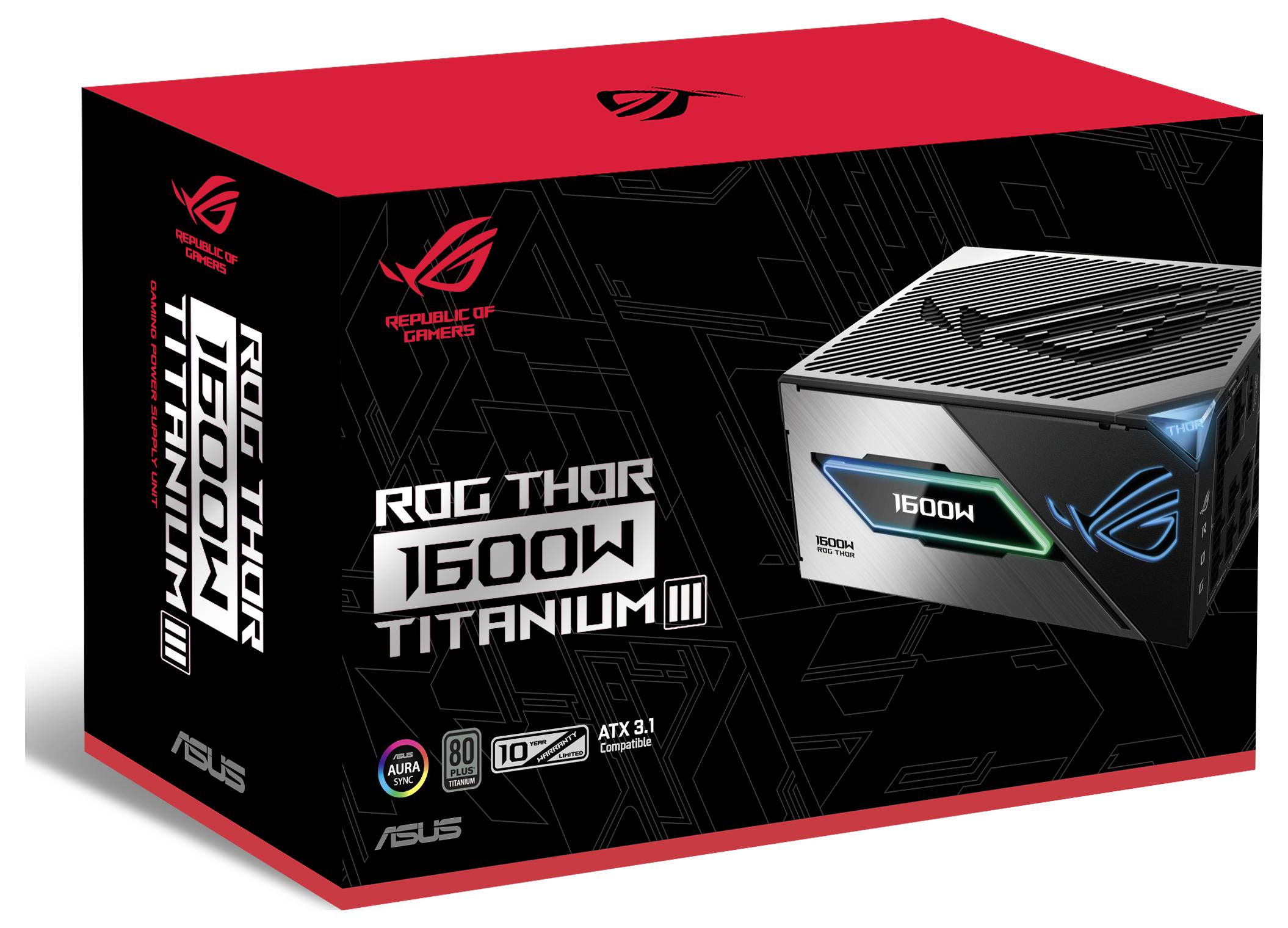 Emballage noir et rouge d'une unité d'alimentation ASUS ROG Thor 1600W Titanium avec éclairage RGB et certification 80 PLUS Titanium.
