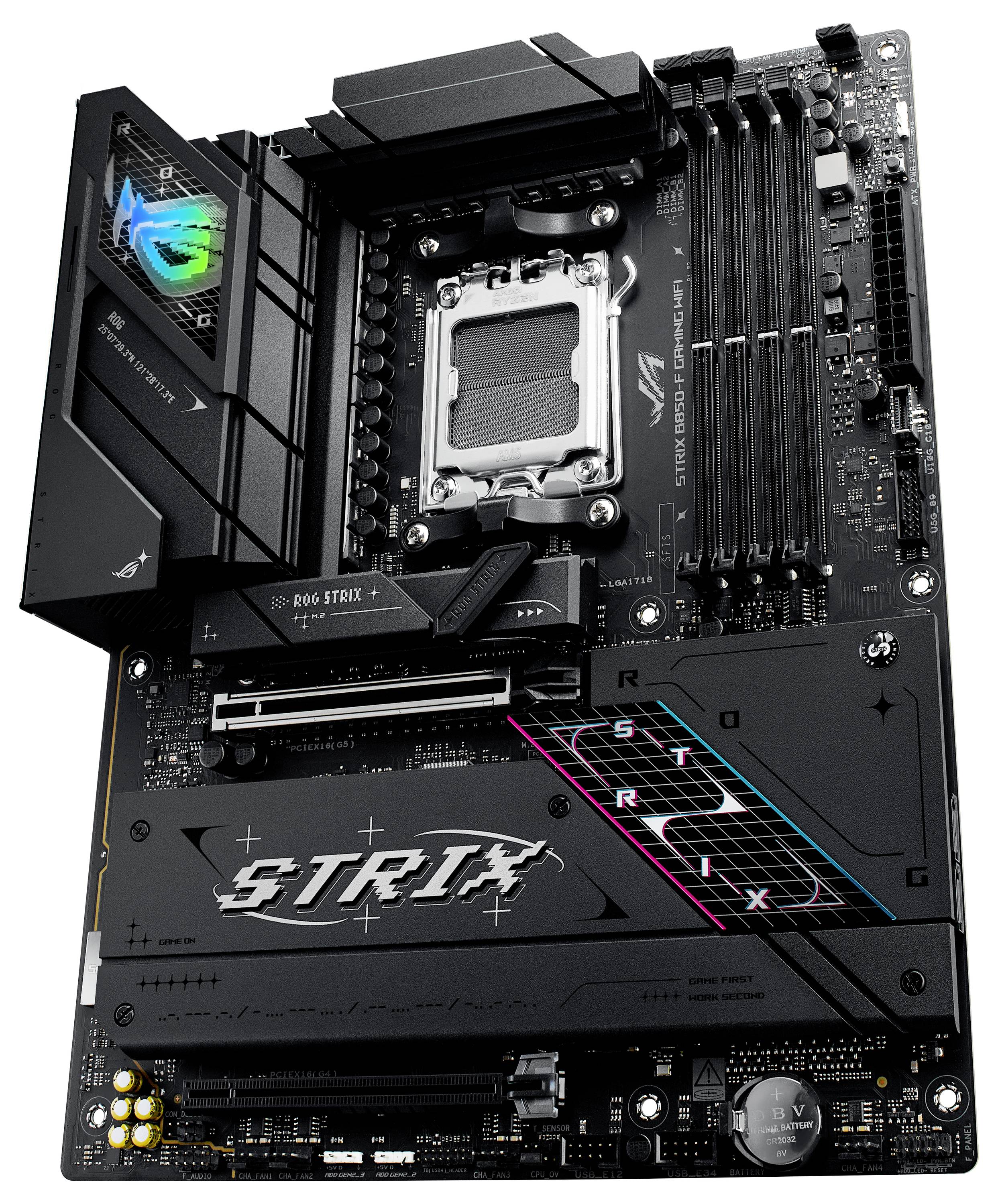 Carte mère de gaming avec éclairage RVB et plusieurs emplacements de connexion, comprenant des slots RAM et des slots PCIe. Designs marquants sur le circuit imprimé.