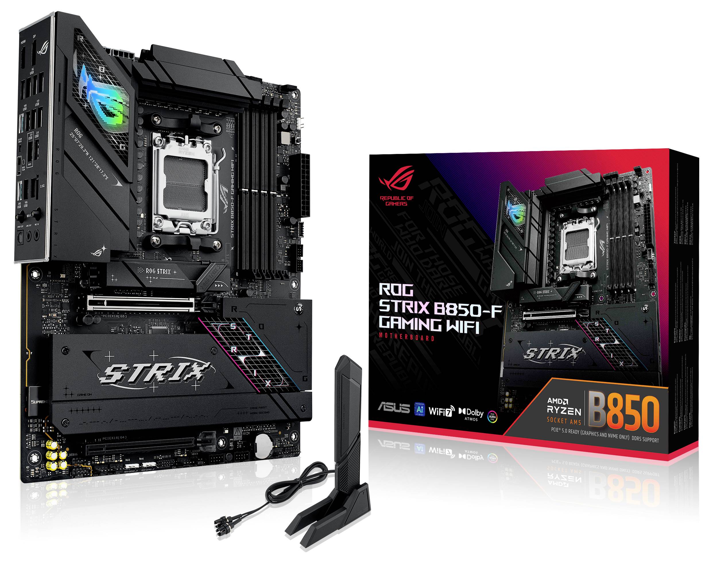 Carte mère 'ROG Strix B850-F Gaming WIFI' et son emballage, présentant ses connexions et son design. Comprend des câbles d'accessoires et une antenne WiFi.