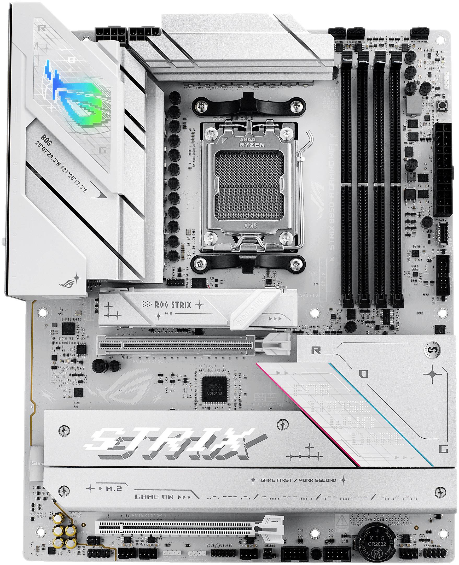 Une carte mère blanche avec plusieurs emplacements pour RAM, un socket CPU et des dissipateurs thermiques. Les noms de marque 'STRIX' et 'ROG' sont visibles.