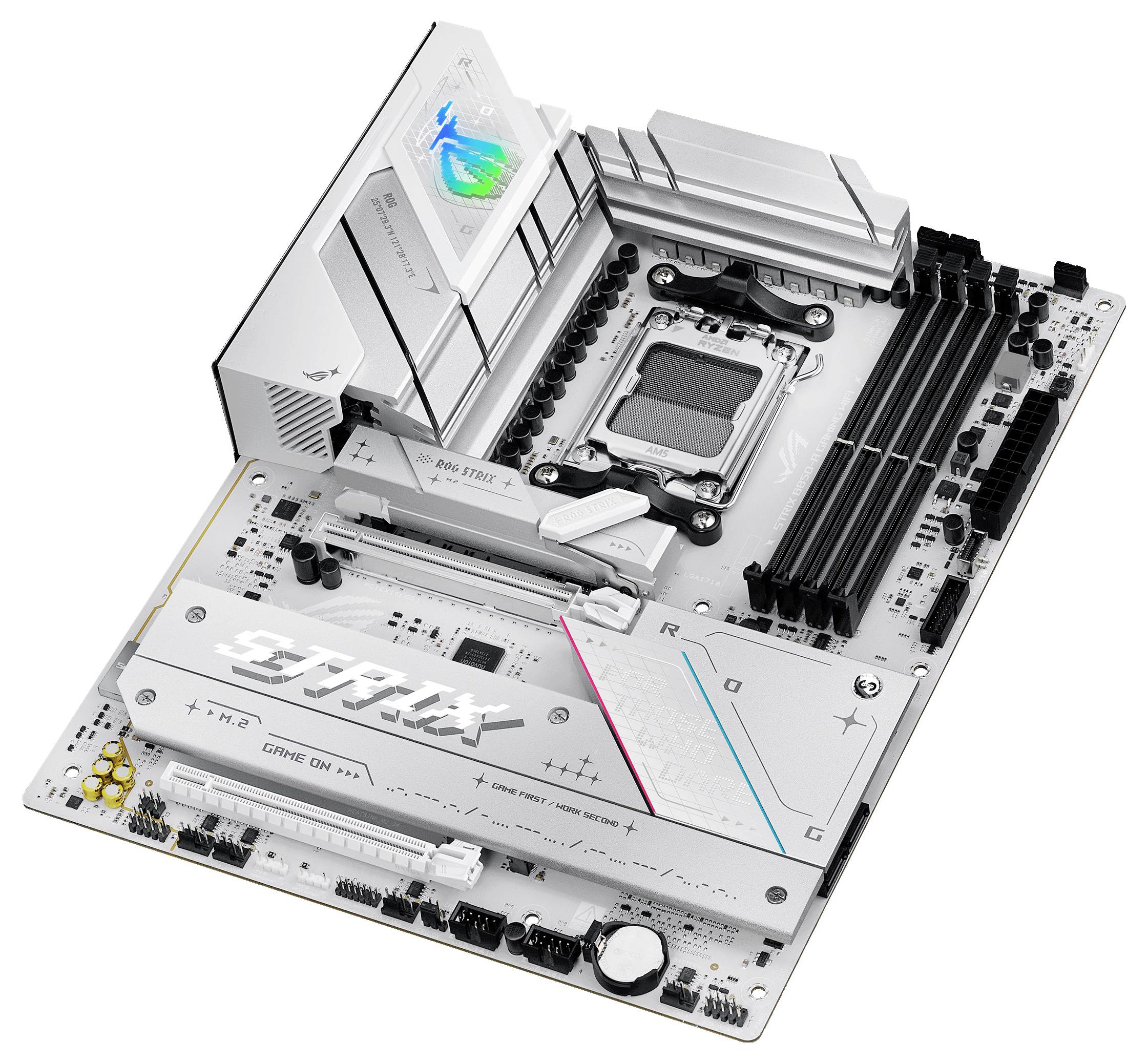 Carte mère d'ordinateur en blanc avec un socket CPU noir, plusieurs emplacements pour RAM et un design distinctif. Comprend des logos et des éléments RVB.