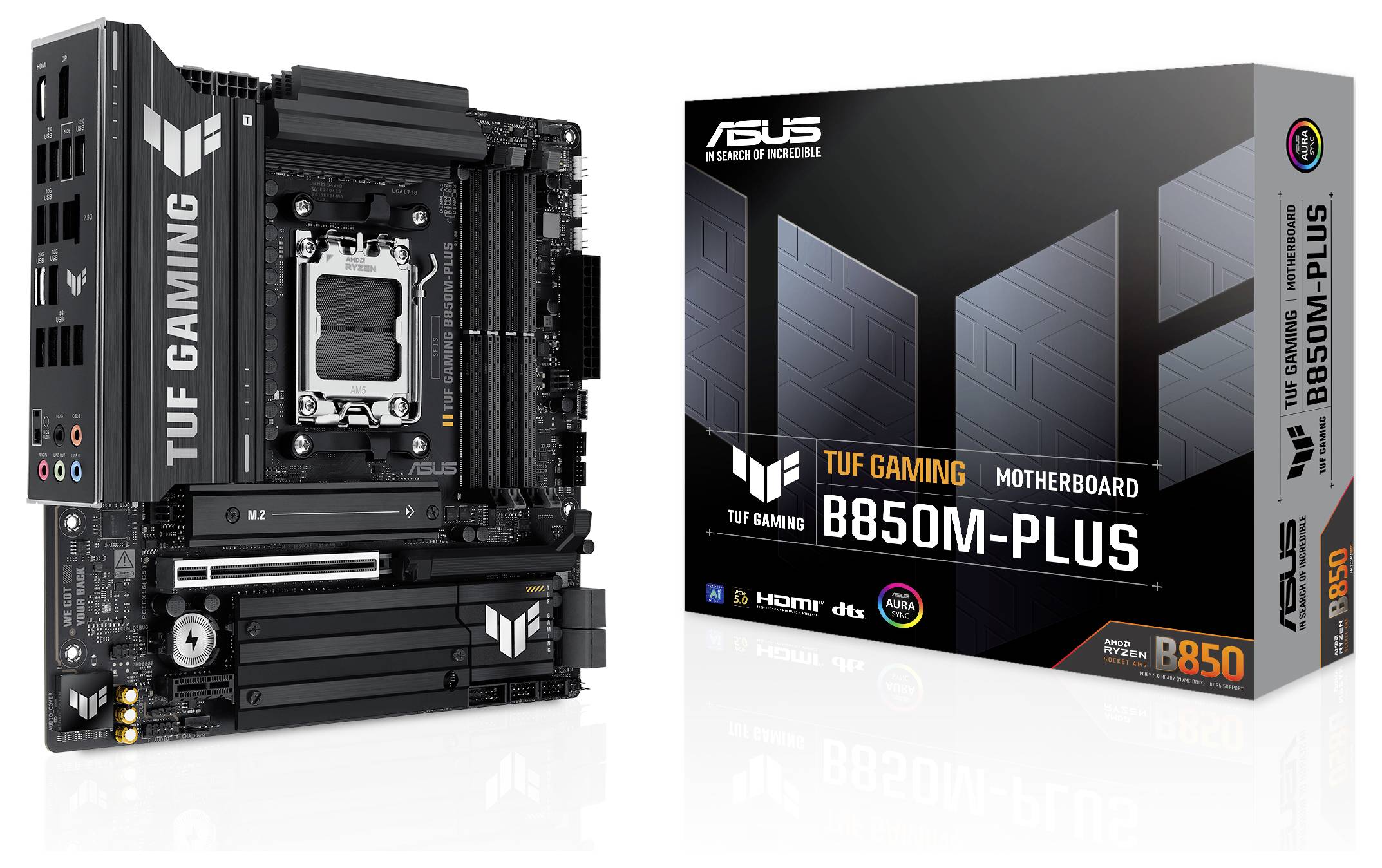 Carte mère 'ASUS TUF Gaming B650M-PLUS' à côté de son emballage d'origine. Carte mère au design robuste, dans les couleurs noir et gris caractéristiques de la marque.