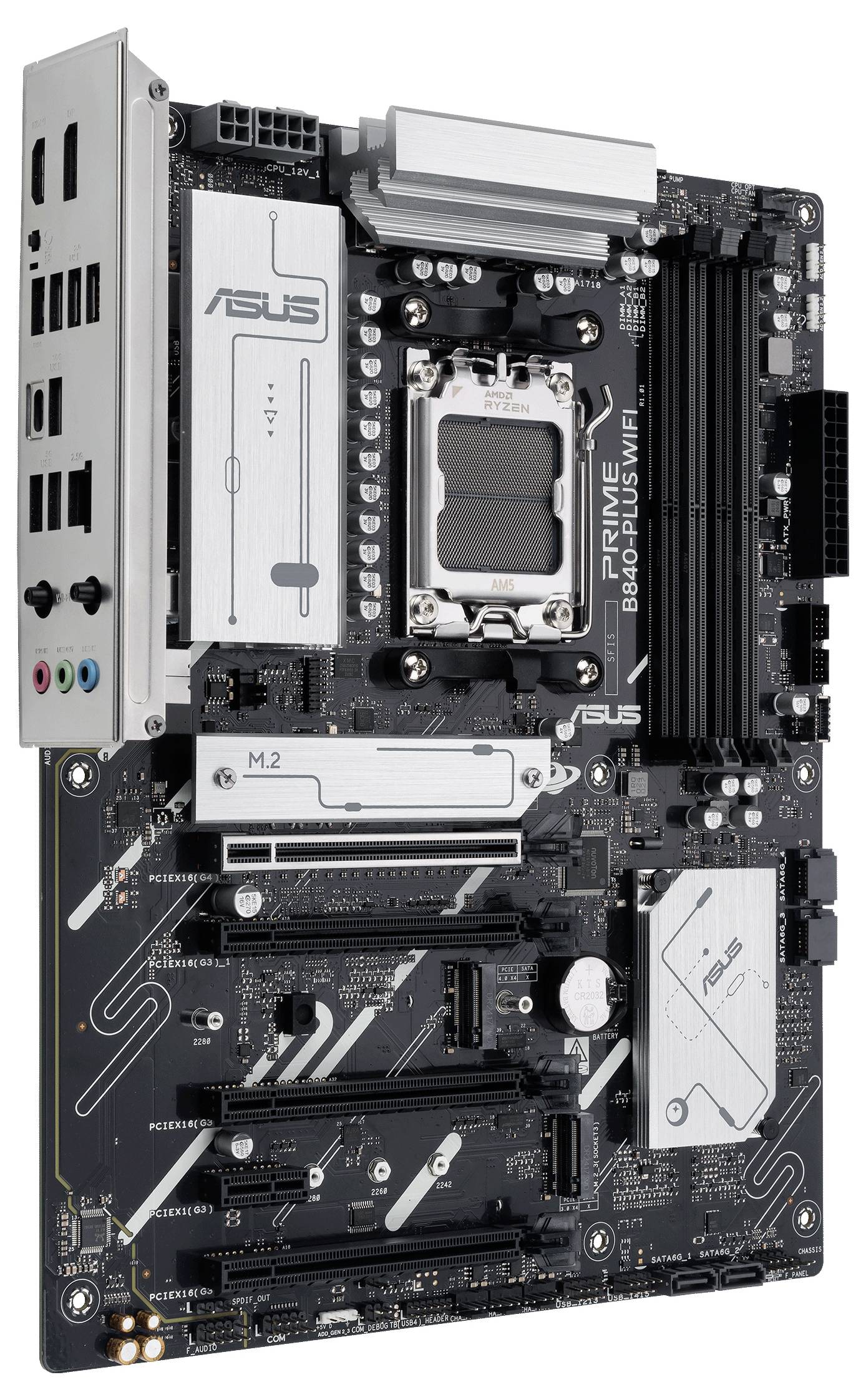 Carte mère avec plusieurs ports et composants, comprenant un socket CPU, des emplacements pour RAM et des slots pour cartes d'extension.