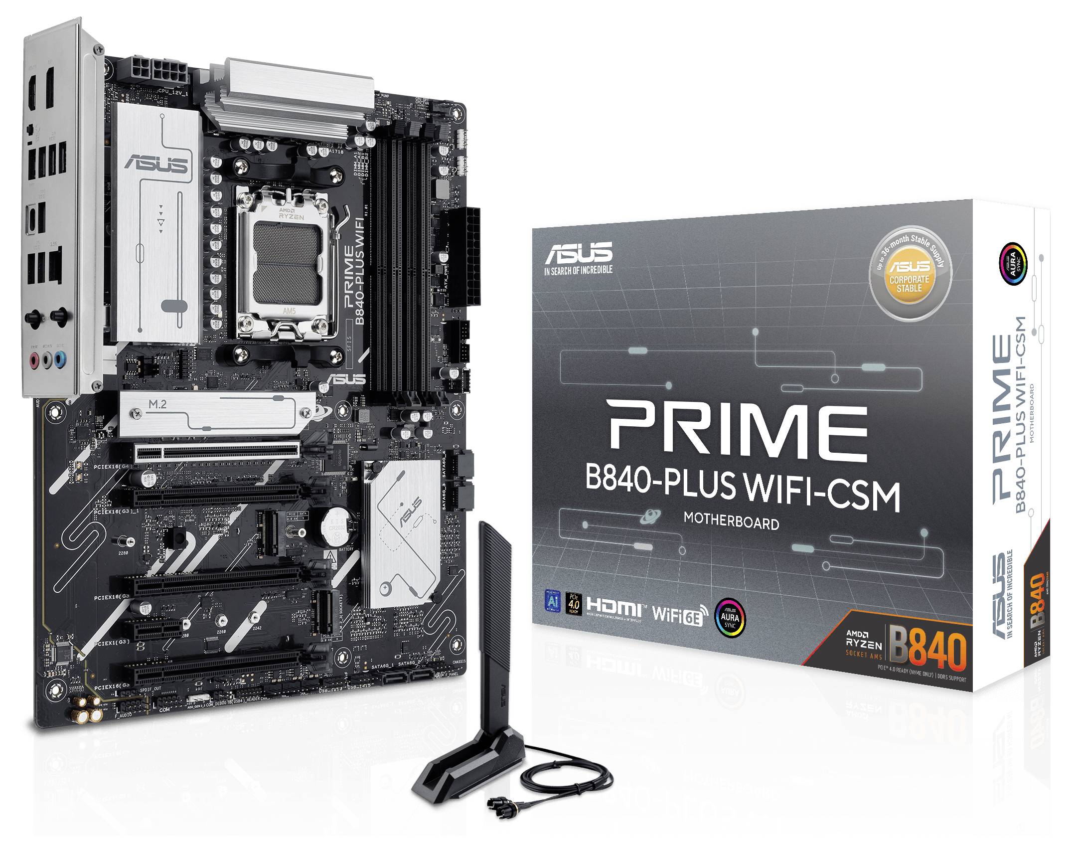 Carte mère et emballage de la marque ASUS, modèle 'PRIME B840-PLUS WIFI-CSM'. Contient une antenne WiFi, prend en charge les processeurs AMD Ryzen.