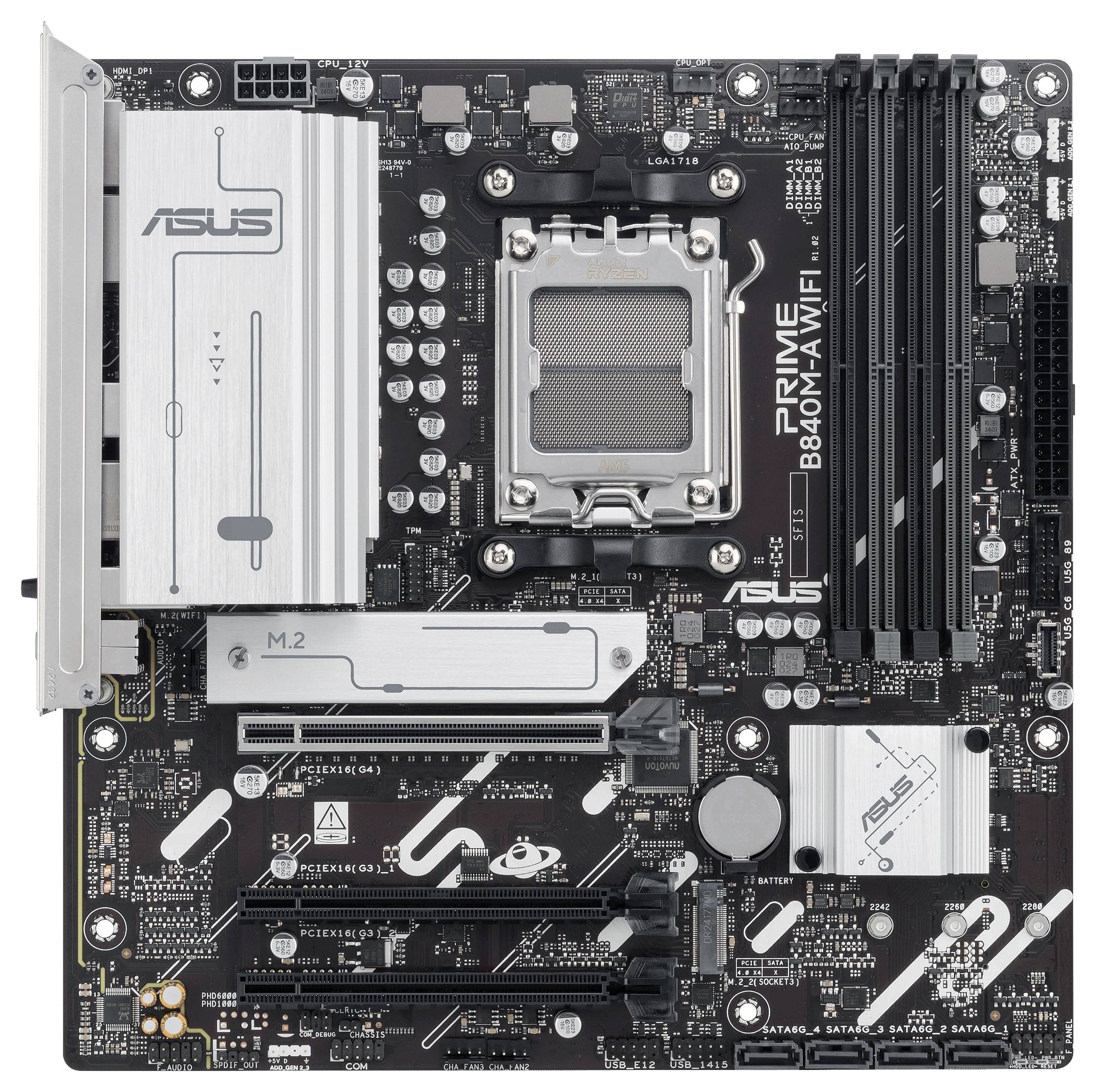 Une carte mère avec plusieurs emplacements et connecteurs, incluant des emplacements RAM et un socket CPU, adaptée aux ordinateurs de bureau.