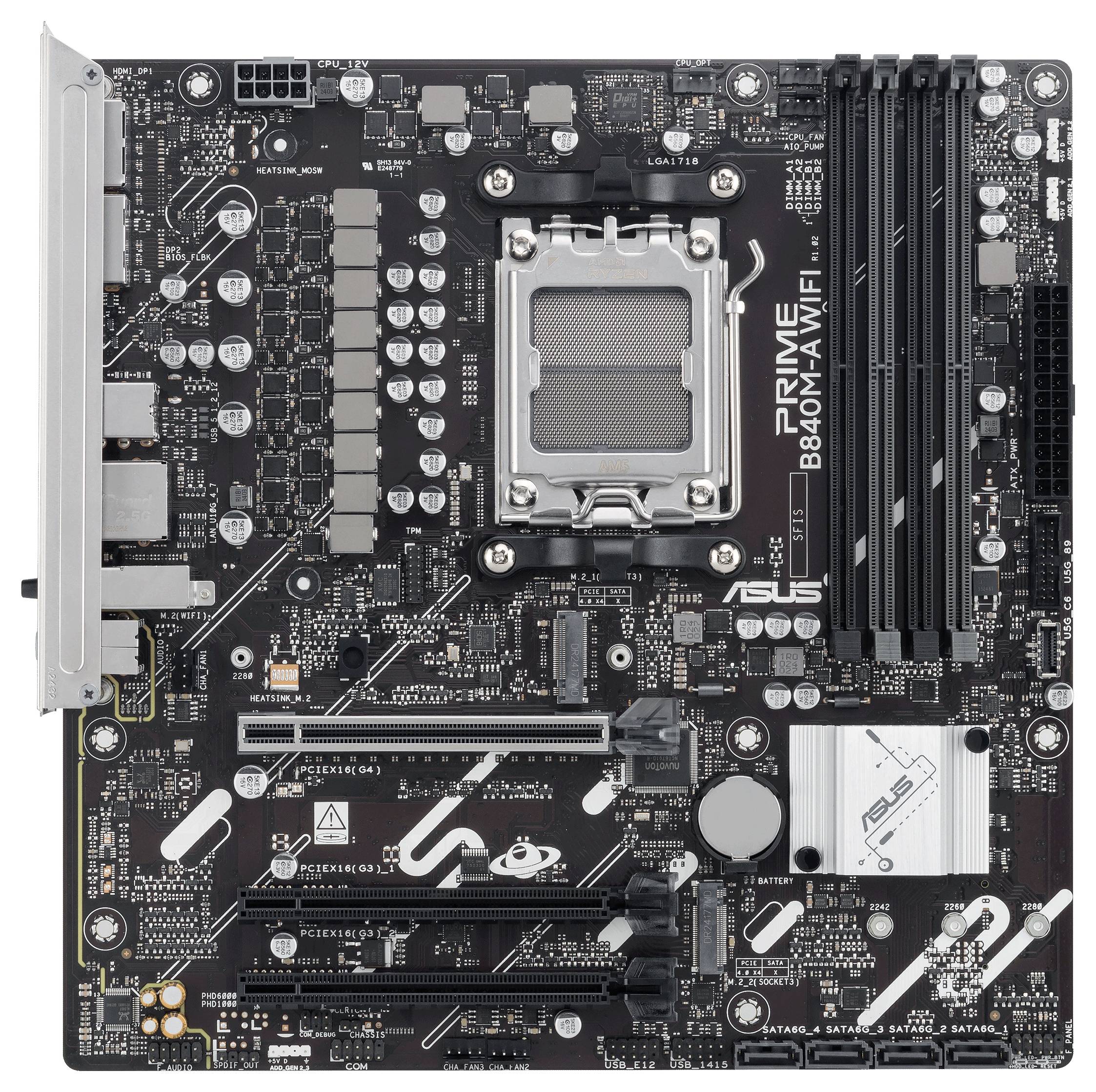 L'image représente une carte mère ASUS équipée d'un socket CPU, de logements pour RAM, de plusieurs ports et de composants destinés à la construction d'un ordinateur.