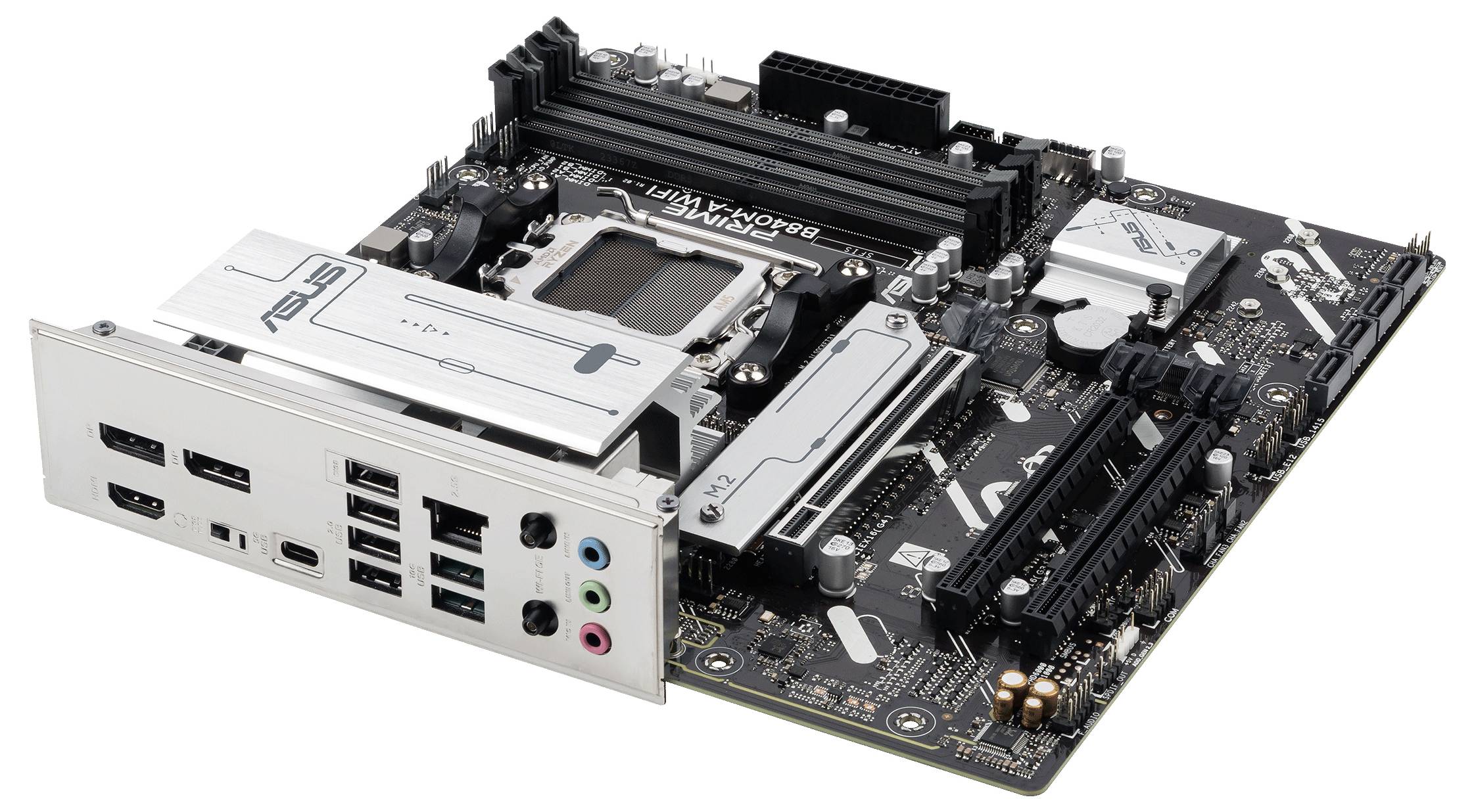 Une carte mère avec plusieurs ports et emplacements, comprenant des ports USB et audio, des slots RAM et un socket processeur.