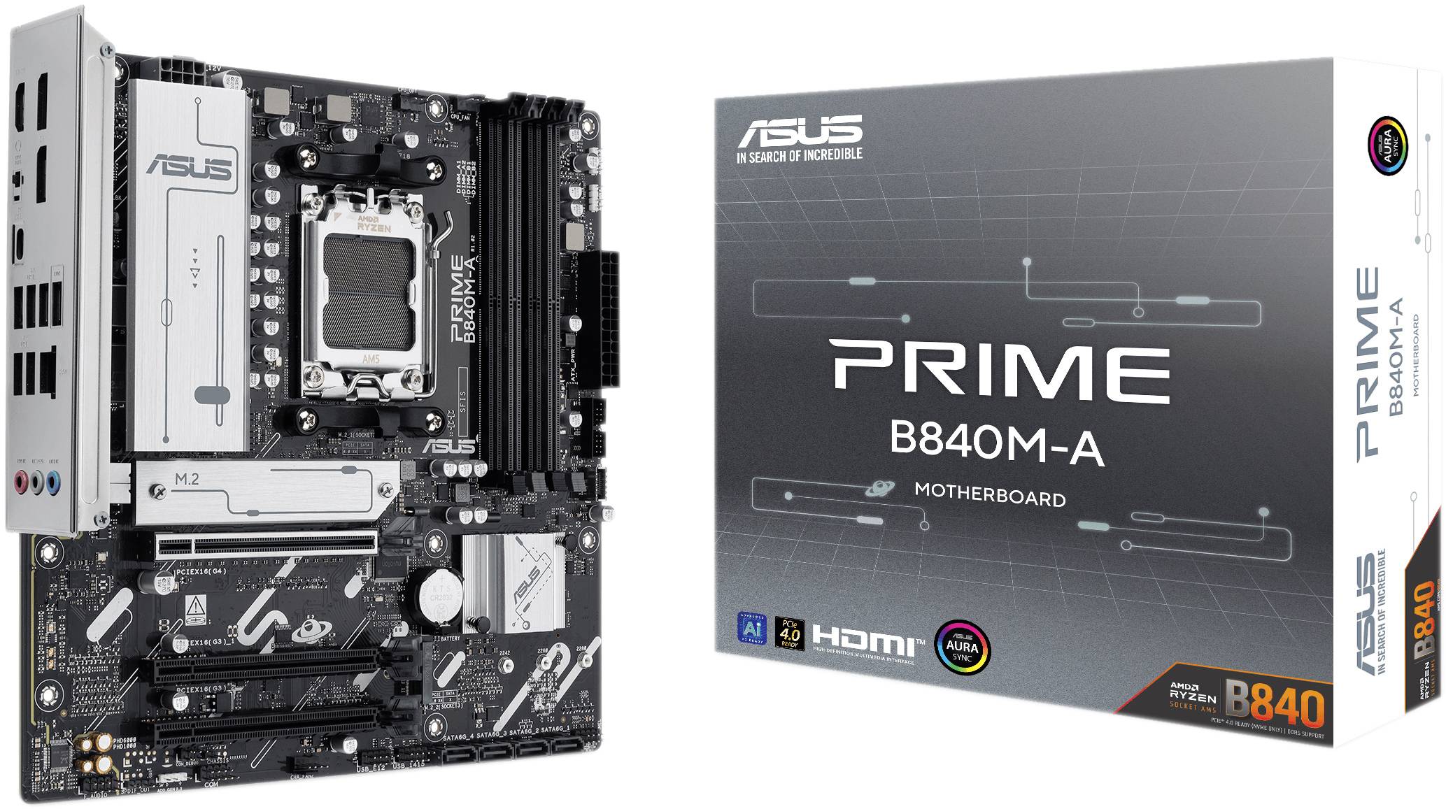 Une carte mère ASUS Prime B840M-A à côté de son emballage. Les connecteurs et les composants de la carte mère sont visibles.