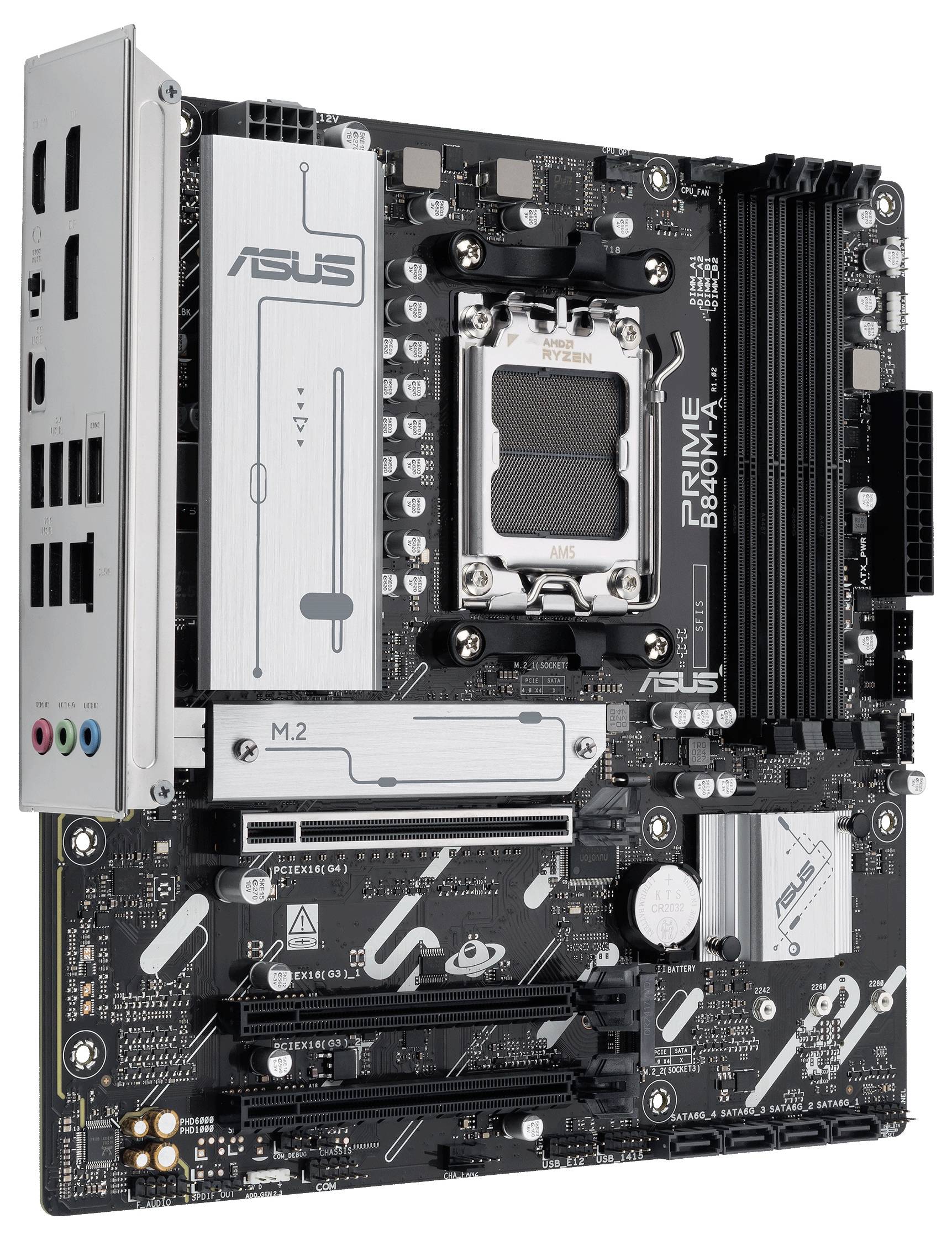 Carte mère ASUS Prime B460M-A au format Micro-ATX avec socket CPU, emplacements RAM et plusieurs connecteurs pour composants PC.