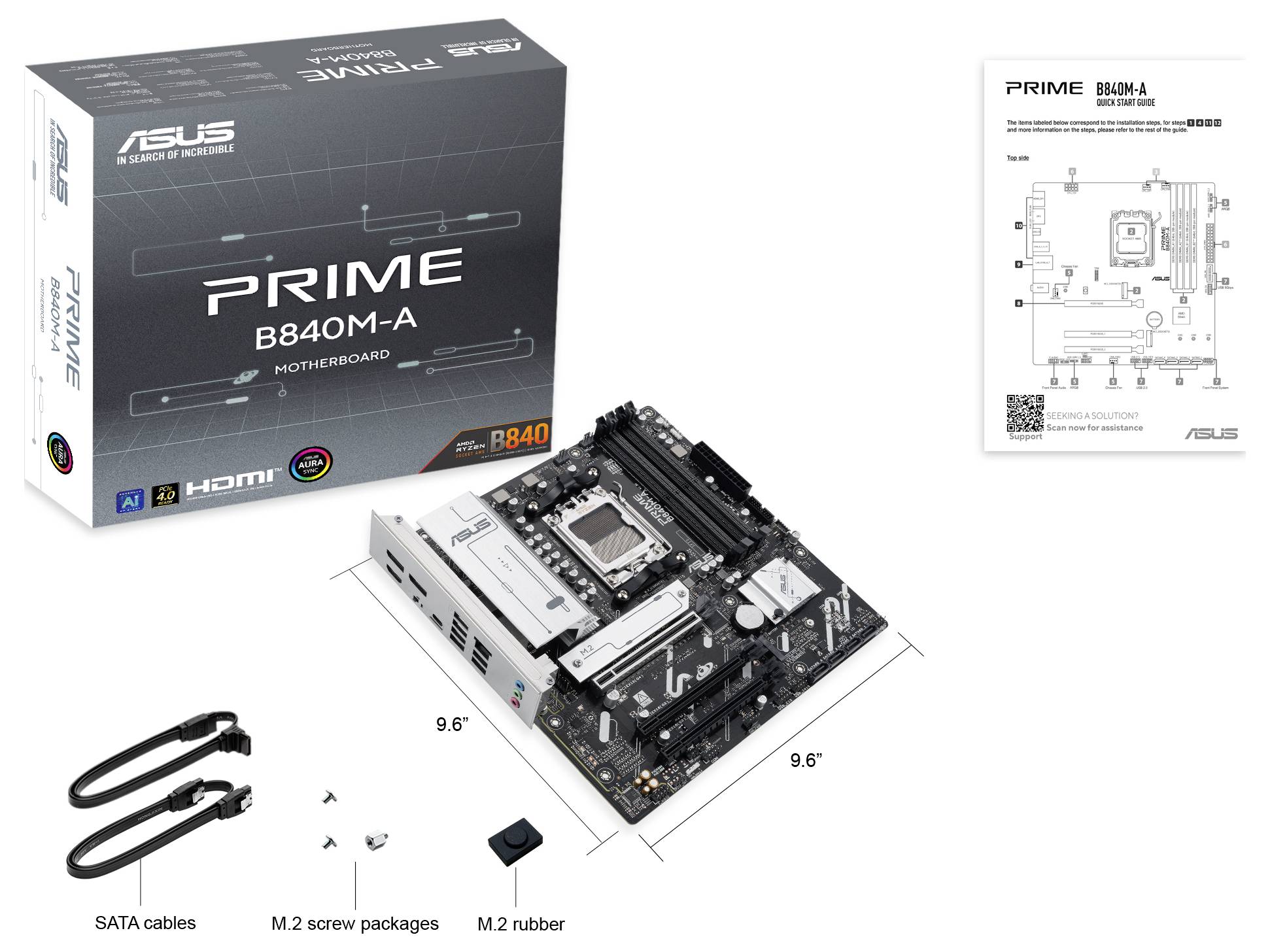 Carte mère ASUS PRIME B840M-A : Comprend une illustration de la carte principale, des détails techniques et le contenu de la livraison, y compris les câbles et les accessoires.