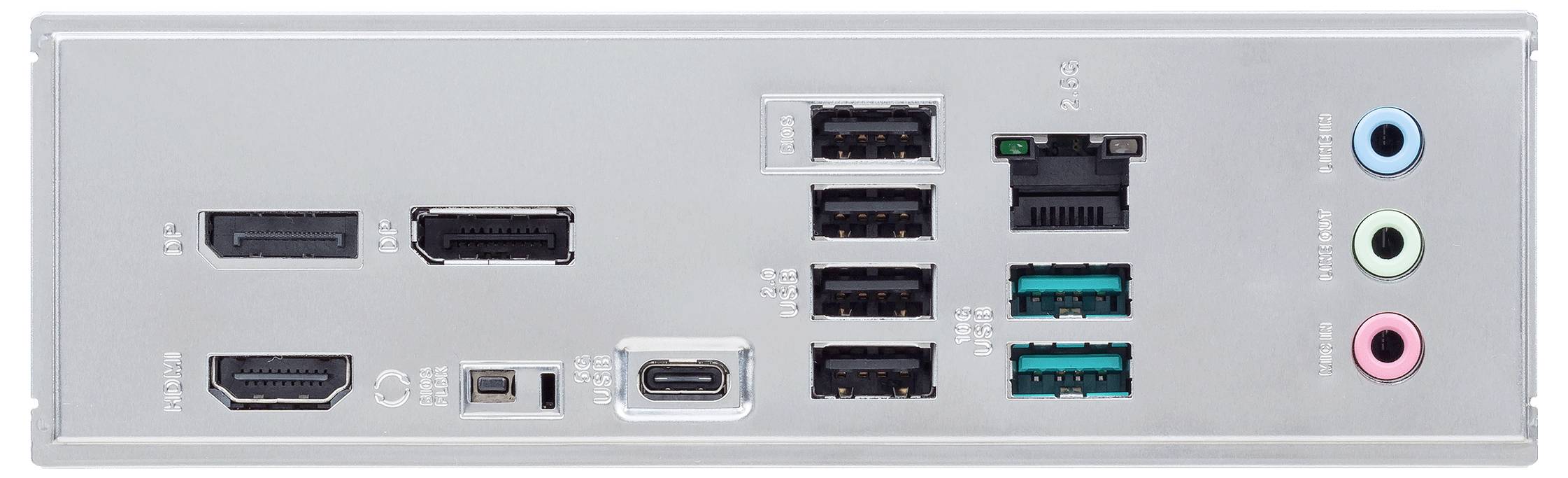 Vue arrière d'une carte mère d'ordinateur avec plusieurs ports : HDMI, USB, Ethernet, sorties audio, DisplayPort.