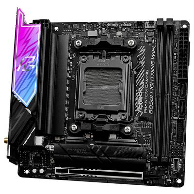 Carte mère (Motherboard) pour ordinateur avec élément lumineux coloré en haut à gauche. Modèle : Phantom Gaming B650I Lightning WiFi.
