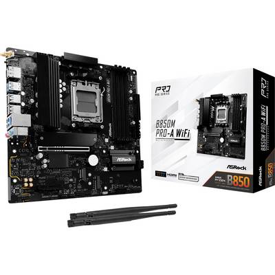 Carte mère ASRock B650M Pro-A WiFi devant son emballage, montrant l'emplacement du processeur, les slots mémoire et les antennes.