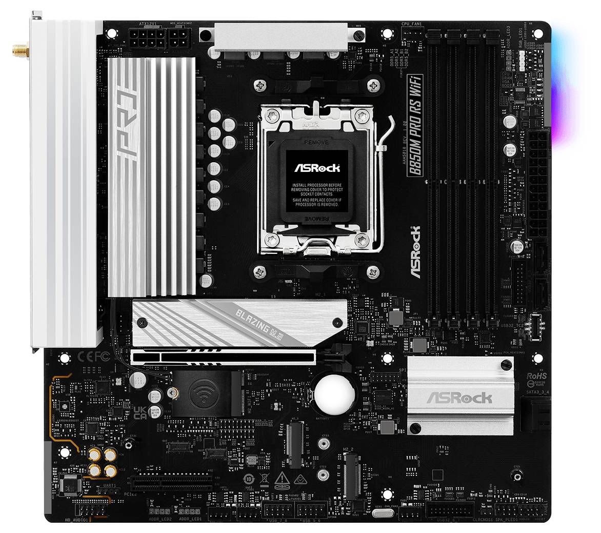 Carte mère d'ordinateur ASRock, modèle B650M Pro RS WiFi, avec des composants noirs et argentés, éclairage RGB visible sur le côté.
