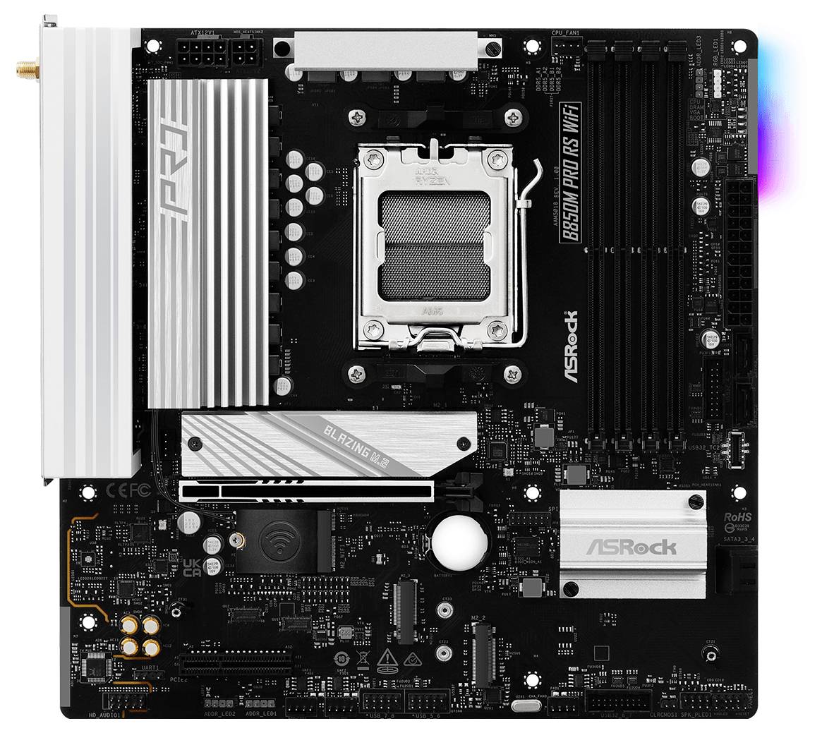 Une carte mère ASRock B650M Pro RS WiFi avec socket CPU, emplacements RAM et différents ports et composants.