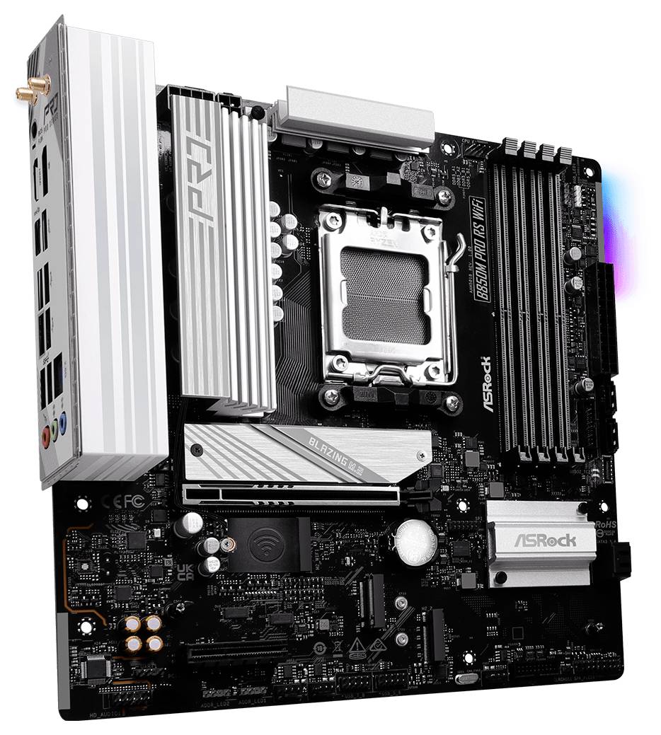 Carte mère d'ordinateur avec plusieurs possibilités de connexion et emplacements ; socket central pour processeur CPU ; dissipateurs thermiques argentés.