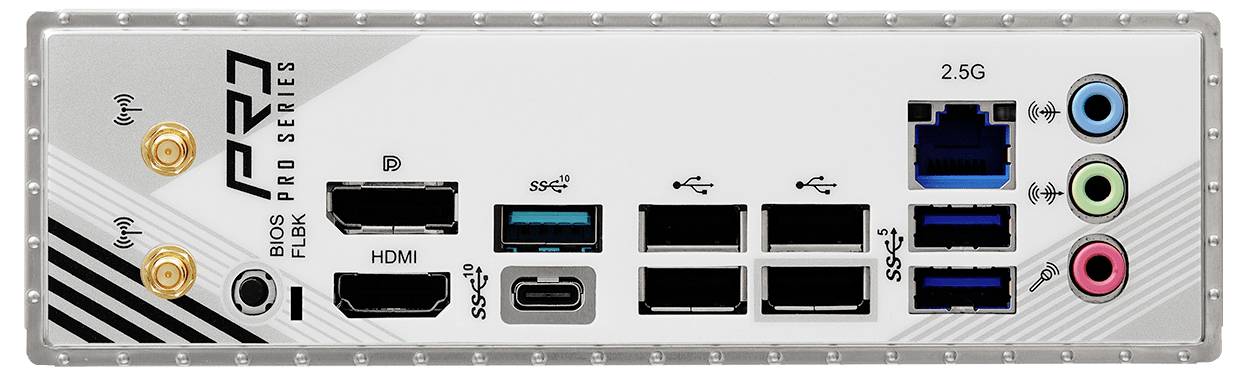 Arrière d'une carte mère d'ordinateur avec différents ports : HDMI, USB, réseau, ports audio et connecteurs d'antenne.