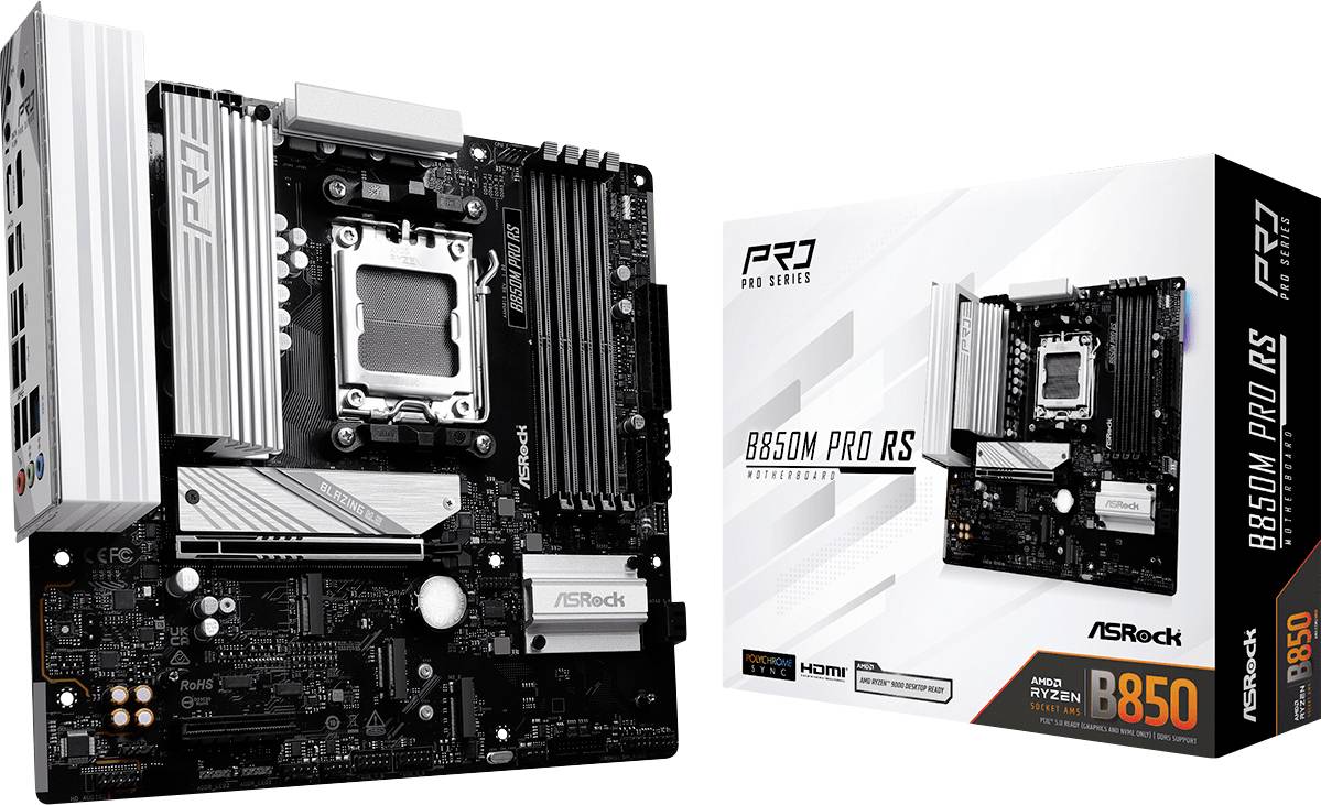 Carte mère B850M Pro RS à côté de son emballage. Contient des informations marketing pour Ryzen 7000.