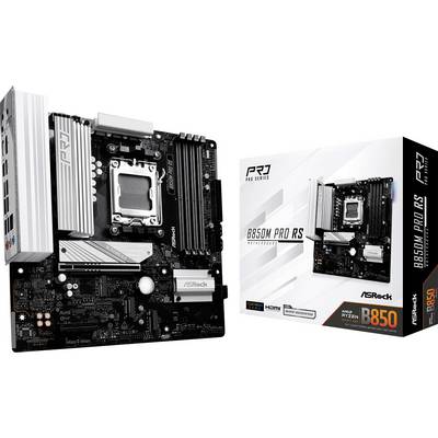Carte mère B850M Pro RS à côté de son emballage. Contient des informations marketing pour Ryzen 7000.