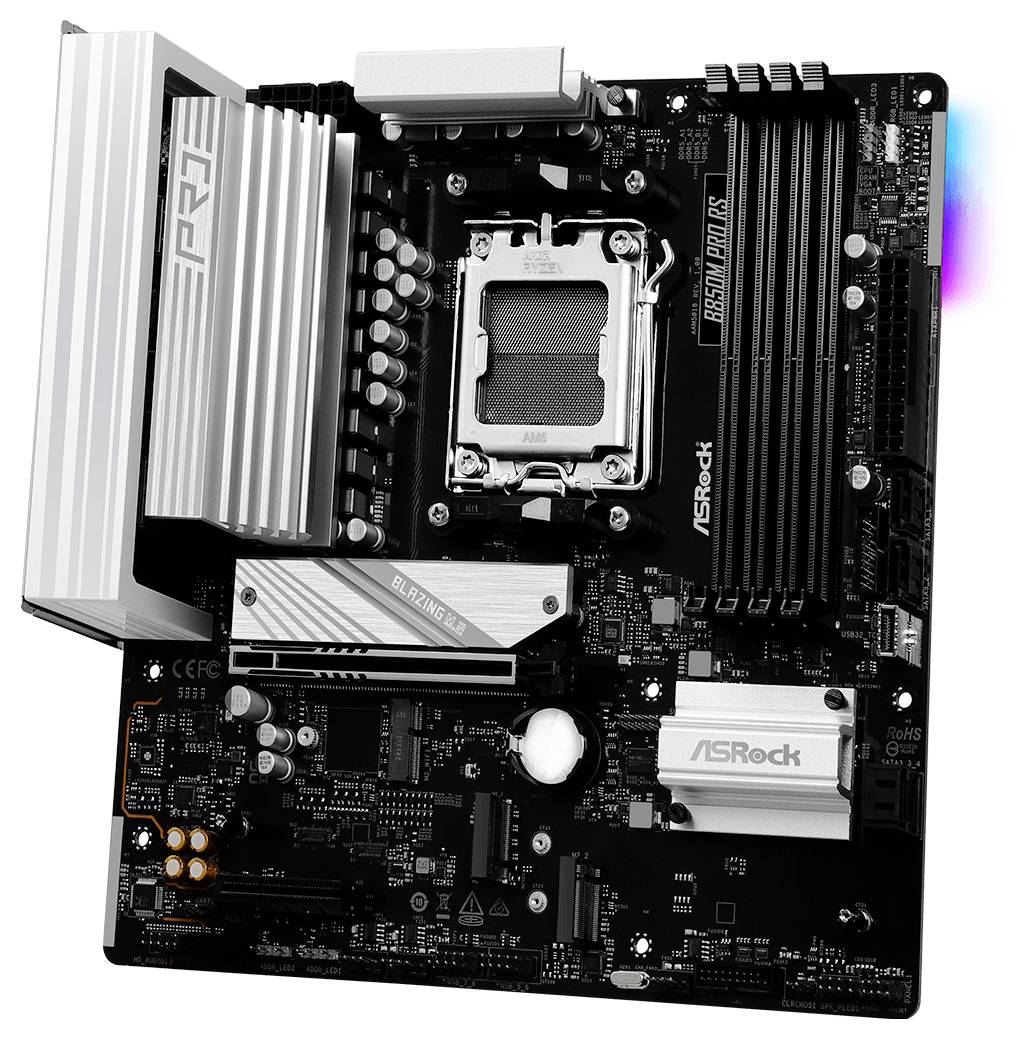 Carte mère ASRock Z690 PG Riptide avec socket LGA 1700, emplacements PCIe et emplacements RAM. Idéale pour les PC de gaming.