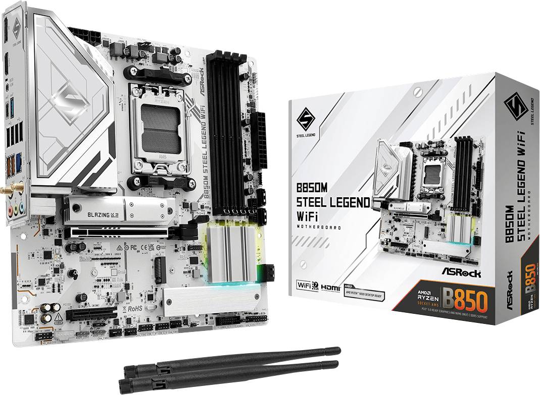 Une carte mère ASRock B550M Steel Legend WiFi à côté de son emballage. Caractéristiques principales : Support AMD Ryzen, WiFi, HDMI, éclairage RGB.
